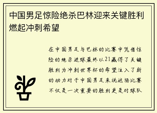 中国男足惊险绝杀巴林迎来关键胜利燃起冲刺希望 中国男足惊险绝杀巴林迎来关键胜利燃起冲刺希望
